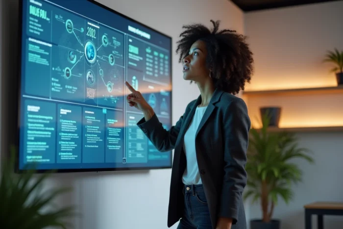 Femme d'affaires présentant des opportunités blockchain sur un écran interactif dans un espace de coworking technologique