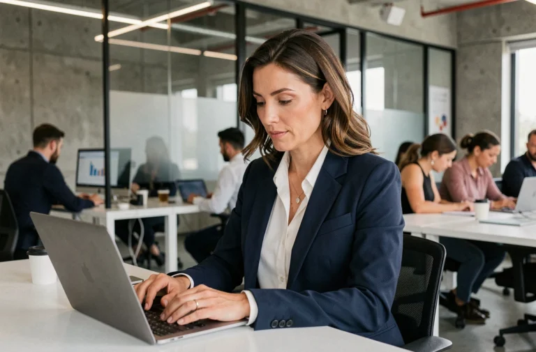 Femme d'affaires analysant des données sur un ordinateur portable dans un bureau moderne en 2024