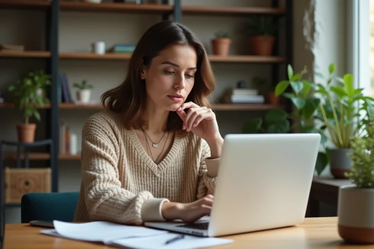 Femme analysant des avis en ligne sur son ordinateur portable avec une expression sceptique dans un bureau à domicile