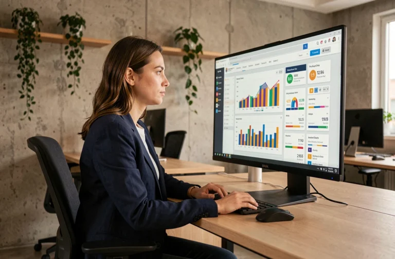 Femme professionnelle analysant des statistiques de site web sur un grand écran dans un bureau moderne