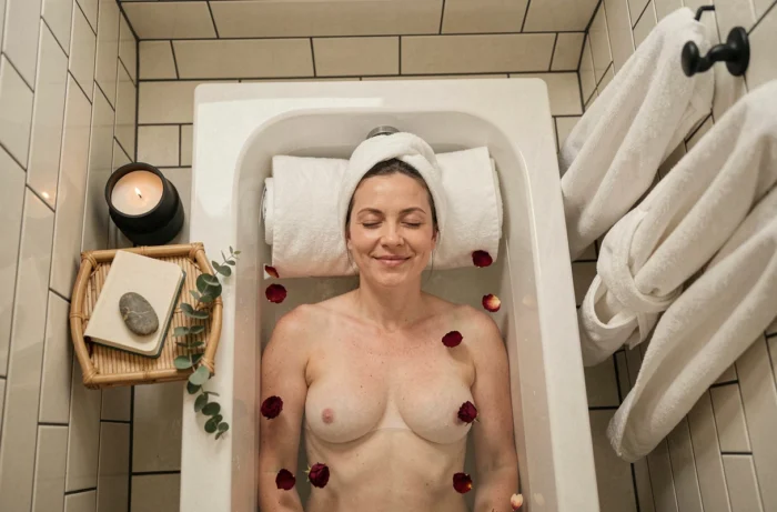 Femme se relaxant dans un bain aromatique dans une salle de bain épurée, rituel bien-être et détente profonde