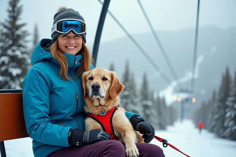 Femme assise dans un télésiège avec son golden retriever en harnais rouge lors d'une journée de ski en montagne