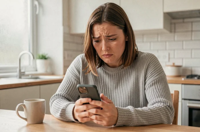 Femme confuse regardant son smartphone cherchant à savoir si elle a été retirée d'un groupe WhatsApp