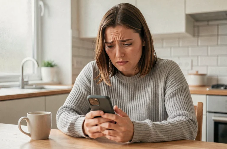 Femme confuse regardant son smartphone cherchant à savoir si elle a été retirée d'un groupe WhatsApp