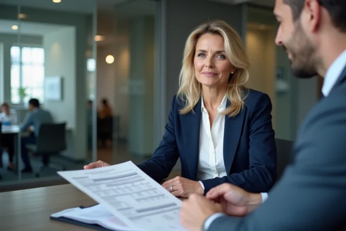 Femme en rendez-vous bancaire avec un conseiller pour choisir une offre de crédit adaptée à son projet