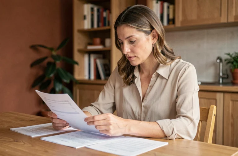 Femme consultant des documents de crédit à la consommation à une table en bois dans un appartement moderne