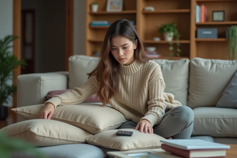 Jeune femme distraite cherchant un objet perdu dans son salon encombré, illustrant l'utilité d'un outil de recherche d'objets comme Rabbit Finder