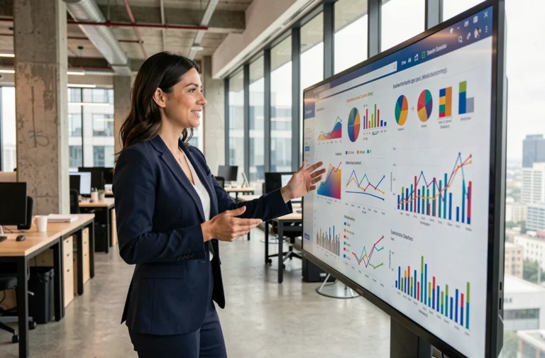 Femme entrepreneuriale présentant des données d'innovation sur un écran interactif dans un bureau moderne et collaboratif