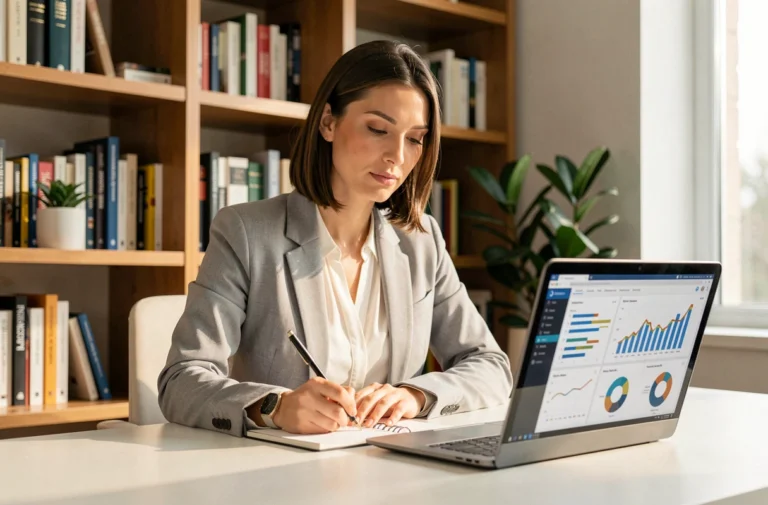 Femme entrepreneur travaillant sur sa stratégie de business en ligne sur Smart Web depuis son bureau moderne