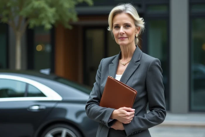 Femme d'affaires influente et mère de pilote automobile devant une architecture urbaine moderne, costume gris anthracite et accessoires dorés