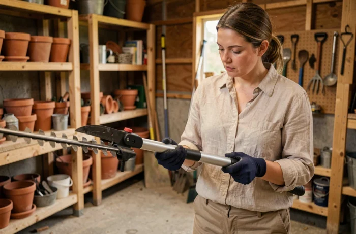 Femme inspectant la lame d'un taille-haie télescopique dans un atelier de jardin