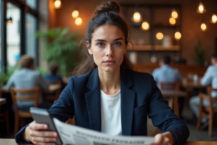 Femme d'affaires consultant une application de trading boursier sur smartphone dans un café urbain
