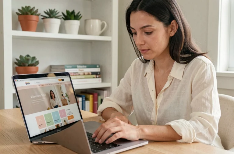 Femme naviguant sur la carte du site Maman Chic depuis un bureau à domicile chaleureux
