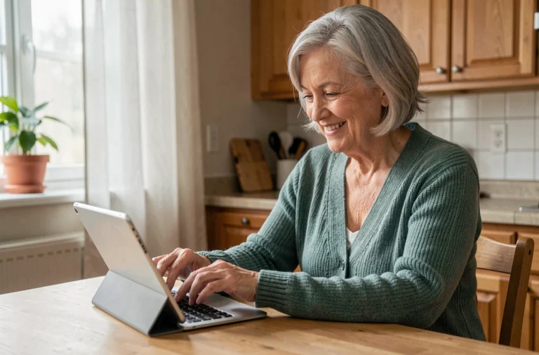 Femme senior souriante utilisant une tablette pour accéder à son compte Famileo depuis sa cuisine