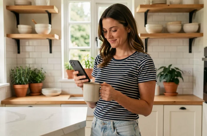 Femme consultant la carte du site Maman Chic sur smartphone dans une cuisine française moderne