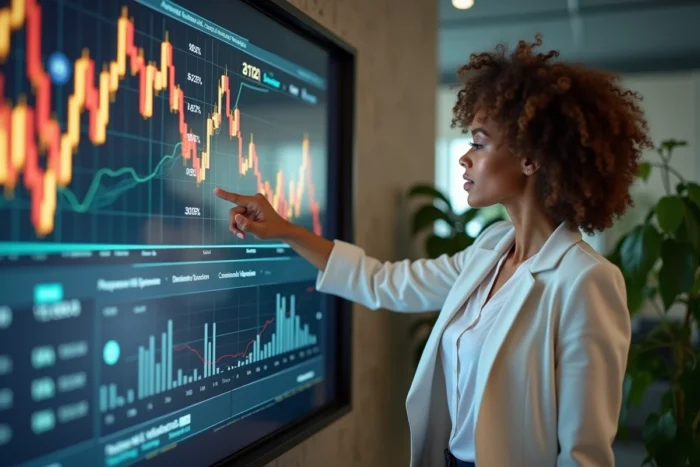 Femme professionnelle présentant une stratégie d'investissement sur écran interactif dans un espace de coworking