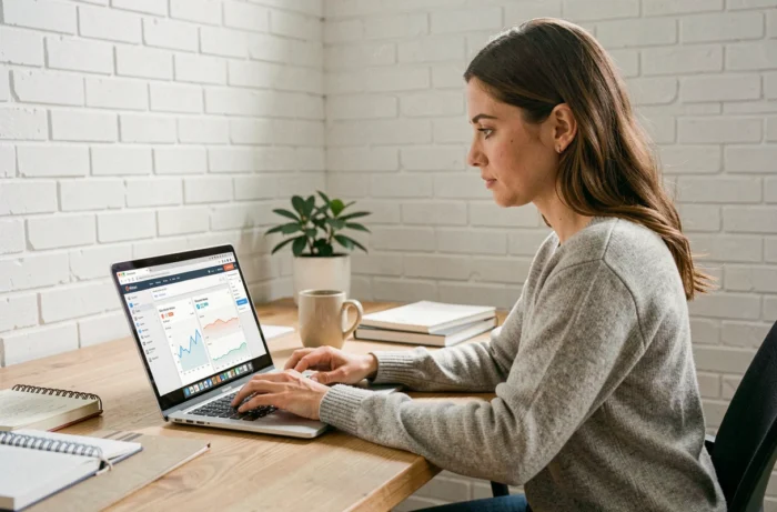 Femme travaillant sur une stratégie SEO devant un tableau de bord analytique sur son ordinateur portable dans un bureau minimaliste