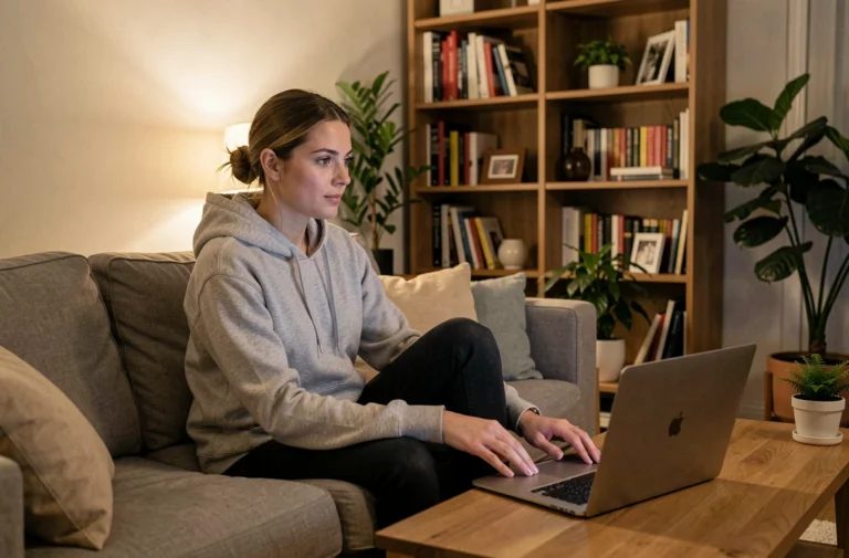 Femme regardant un film en streaming sur ordinateur portable dans son salon le soir