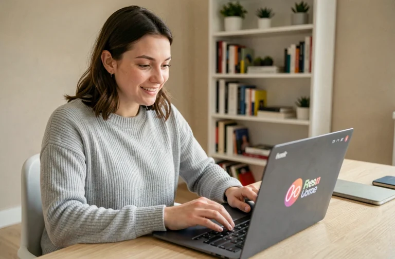 Jeune femme utilisant une plateforme de streaming française sur son ordinateur portable dans un appartement parisien moderne
