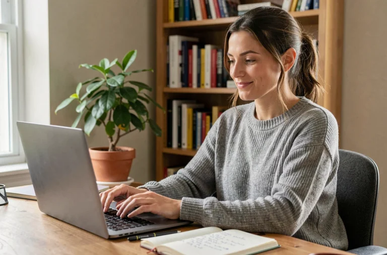Femme travaillant sur un ordinateur portable dans un bureau à domicile pour gagner de l'argent sur internet
