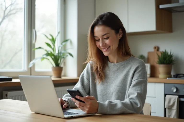 Femme utilisant un site de recyclage de mobile sur un laptop dans une cuisine moderne