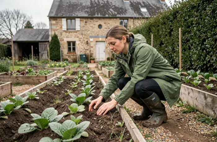 Fermière française inspectant ses cultures maraîchères dans le jardin d'une ferme familiale avec maison en pierre en arrière-plan