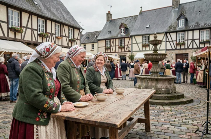 Villageois en costumes traditionnels bretons lors d'un festival du patrimoine en place de village