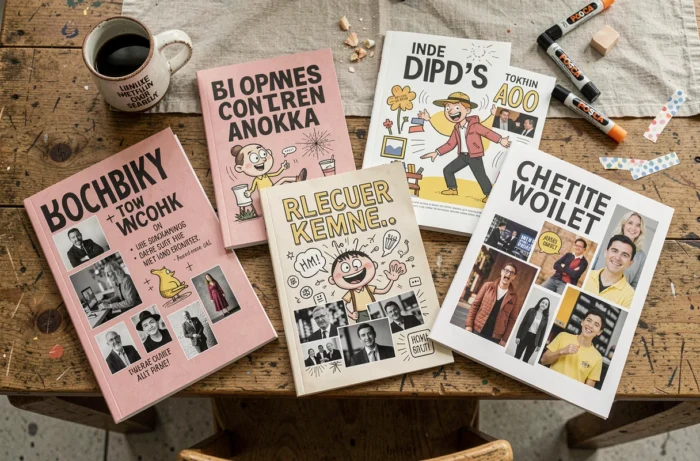 Flat lay de magazines et revues artistiques indépendants avec illustrations humoristiques et accessoires créatifs