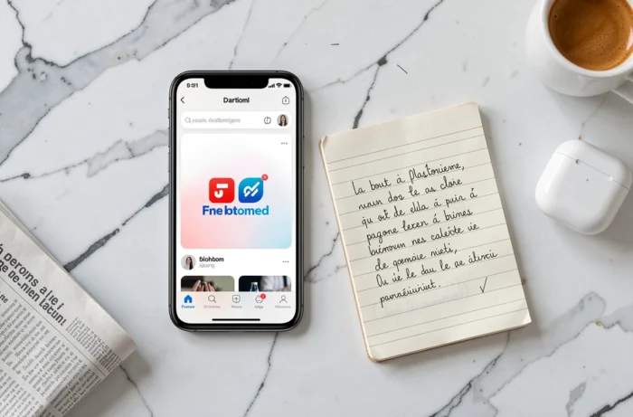 Vue aérienne d'un smartphone affichant une application de streaming française rebaptisée sur un bureau en marbre blanc