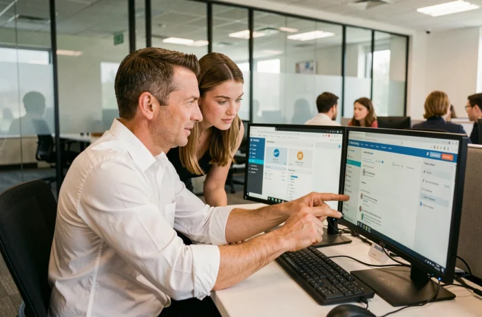 Collègues de bureau découvrant ensemble l'interface de Mélanie2Web sur un poste de travail à double écran en open space