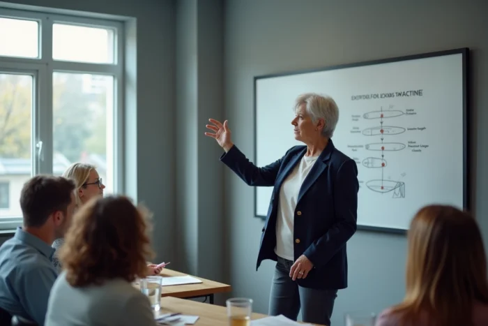 Formatrice expérimentée enseignant les étapes du soutien post-partum lors d'une session de formation de doula en institut