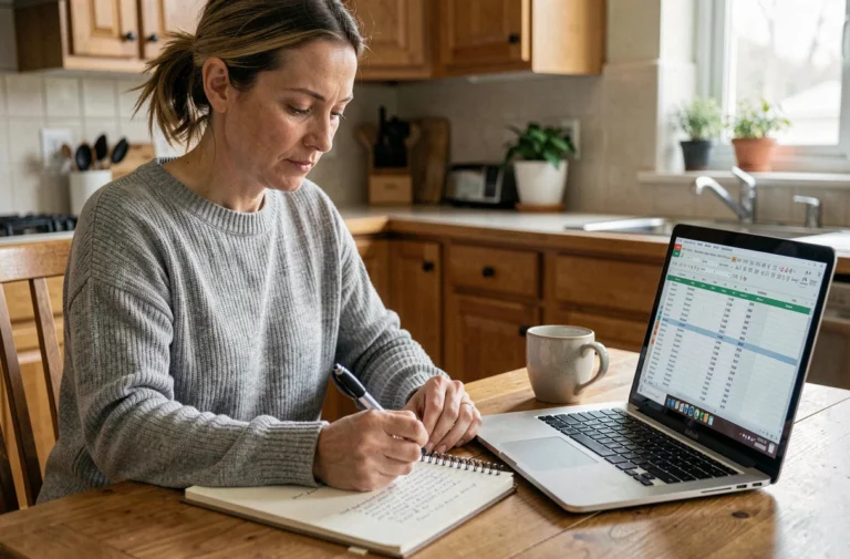 Femme gérant son budget personnel sur un cahier et un ordinateur portable dans une cuisine chaleureuse