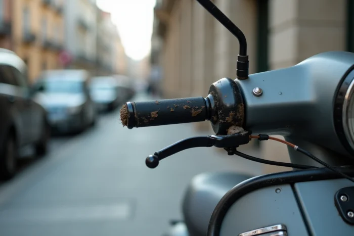 Gros plan sur la poignée d'accélérateur usée et le câble d'un scooter garé en milieu urbain