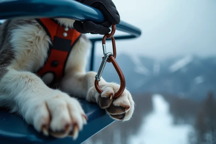 Gros plan sur un mousqueton de sécurité fixant le harnais d'un chien husky à la barre d'un télésiège en montagne