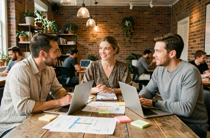 Groupe d'entrepreneurs collaborant autour d'une table dans un espace de co-working créatif et dynamique