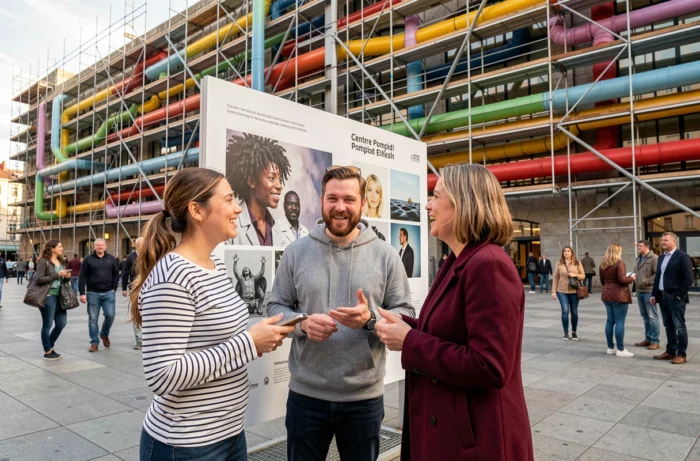 Groupe d'amis discutant devant une affiche d'exposition au Centre Pompidou à Paris