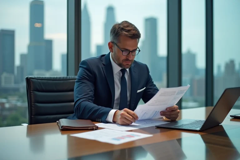 Homme d'affaires analysant un plan d'investissement financier dans un bureau moderne avec graphiques boursiers