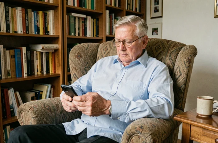 Homme âgé consultant son compte Famileo sur smartphone dans son salon