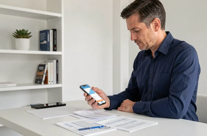 Homme consultant une application de finances personnelles et des relevés bancaires dans un bureau à domicile