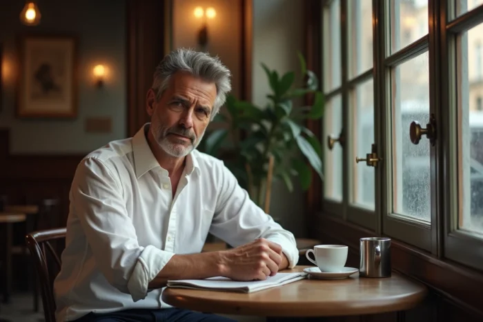 Homme pensif attablé dans une brasserie parisienne classique, illustrant l'intimité et la vie personnelle d'une figure publique politique française