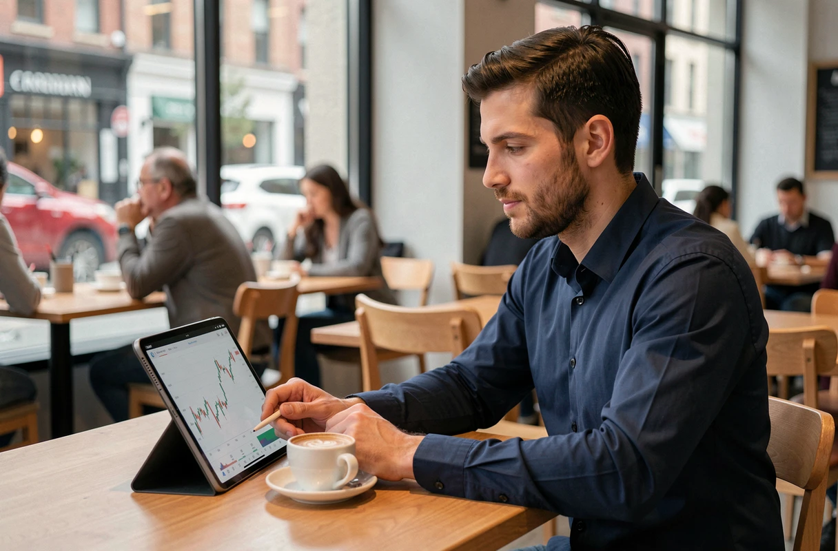 Homme consultant des graphiques financiers sur une tablette dans un café pour gérer ses revenus en ligne