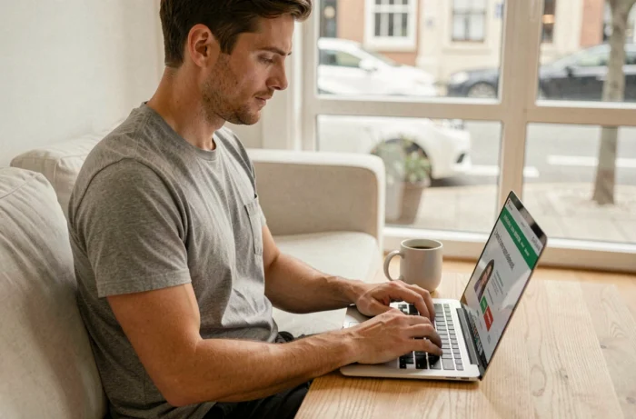 Jeune homme comparant des offres de crédit à la consommation sur un ordinateur portable chez lui