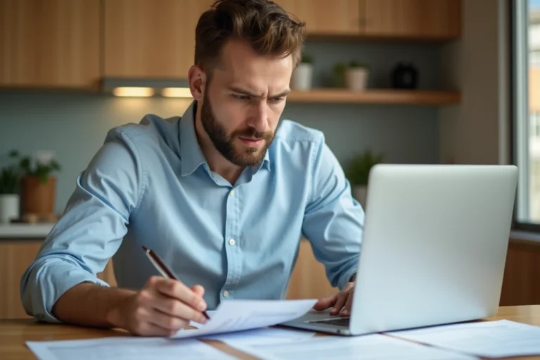 Homme consultant des offres de crédit sur documents papier et ordinateur portable dans une cuisine moderne