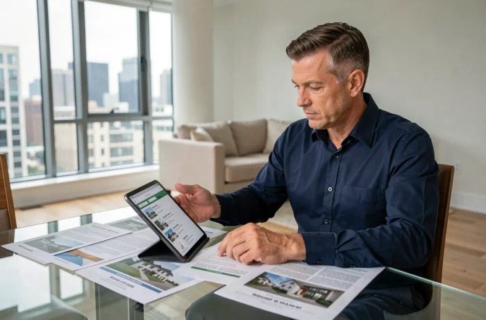 Homme comparant des offres immobilières sur tablette et brochures imprimées dans un appartement moderne