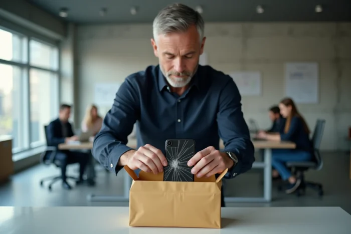 Homme emballant un ancien smartphone pour le recycler dans un bureau moderne