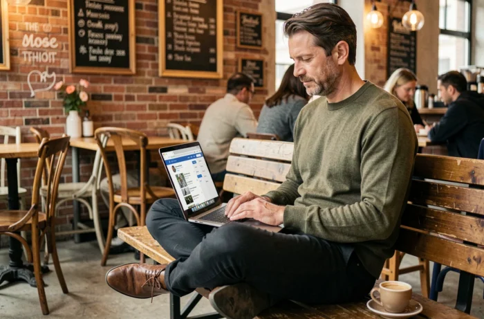 Homme gérant sa présence en ligne depuis un café urbain avec un laptop ouvert sur un outil de réseaux sociaux