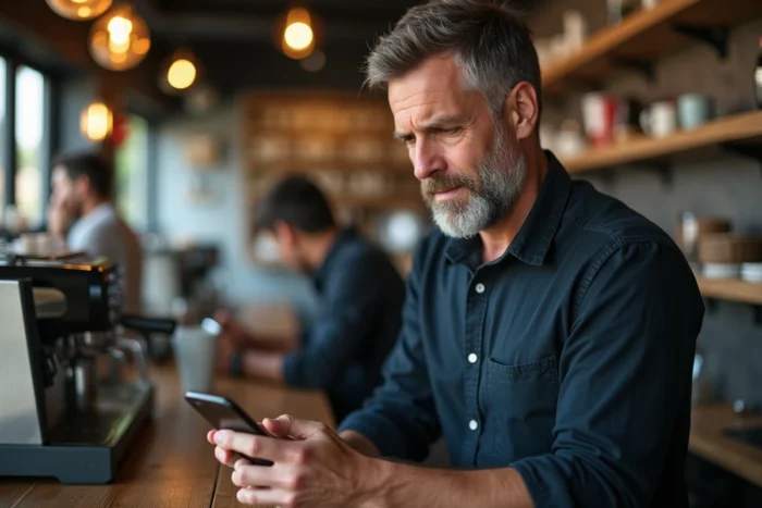 Homme lisant des avis clients sur son smartphone dans un café avec une expression interrogative