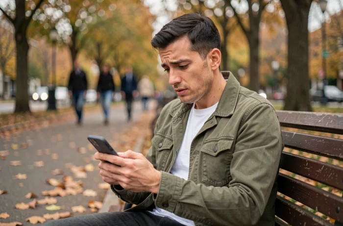 Homme assis dans un parc vérifiant ses messages WhatsApp avec une expression perplexe