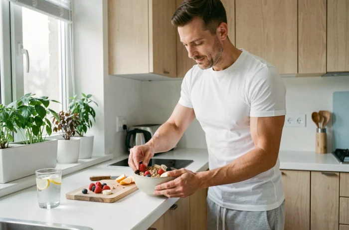 Homme préparant un bol de petit-déjeuner sain dans une cuisine scandinave, alimentation équilibrée et routine matinale