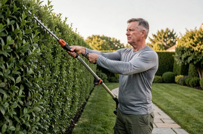 Homme utilisant un taille-haie télescopique pour tailler une grande haie dans un jardin bien entretenu